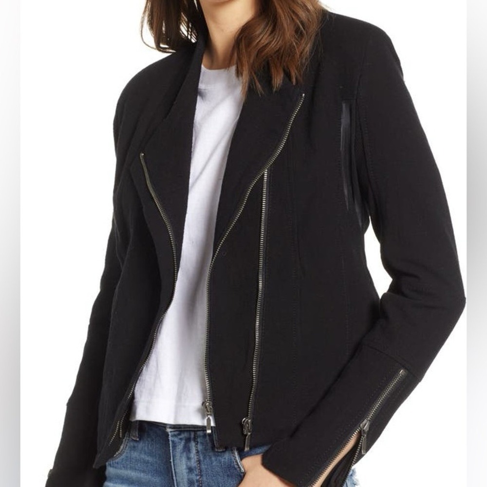 BlankNYC Mesh Detail Crepe Moto Full Zip Jacket Black Women's Size XS New